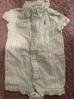 Polo by Ralph Lauren Mint Green & White Striped Button-Down Baby Romper